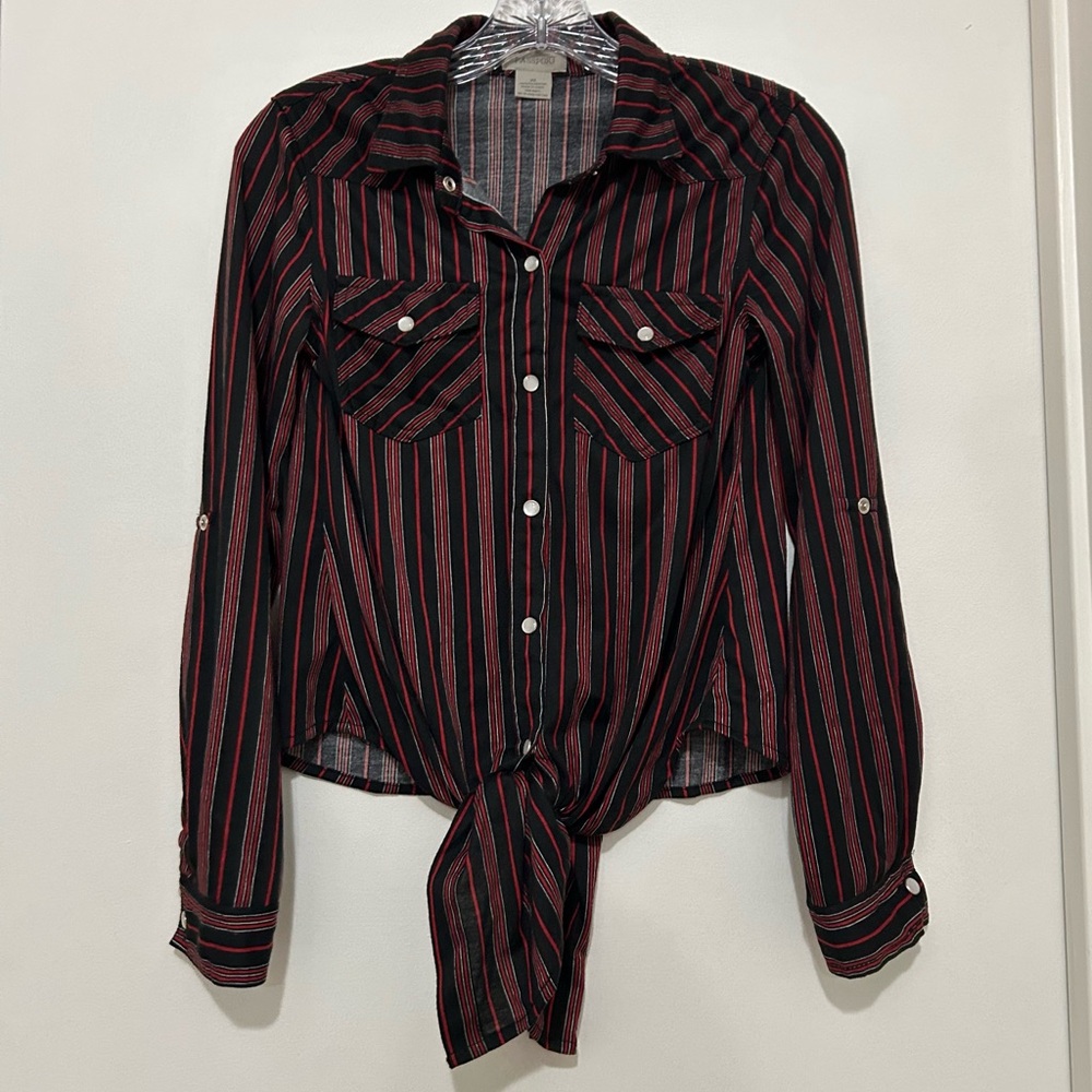 Rockabilly Western Black/Red Stripe Knot Front Snap Button Shirt Y2K XS